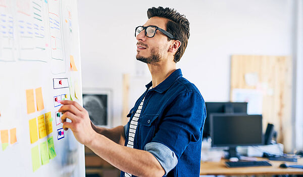 Employee stands in an office in front of a whiteboard and plans actions with pen and post-it notes